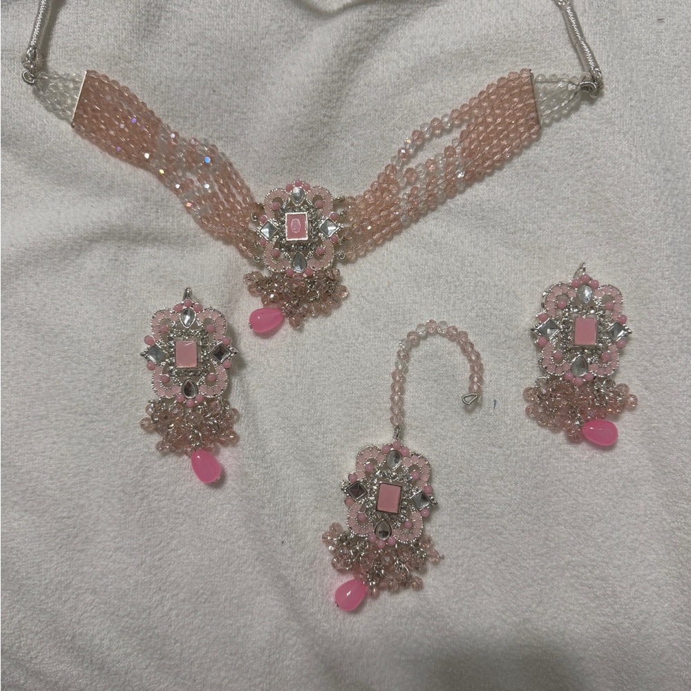 Delicate Pink Beaded Floral Necklace and Earring Set